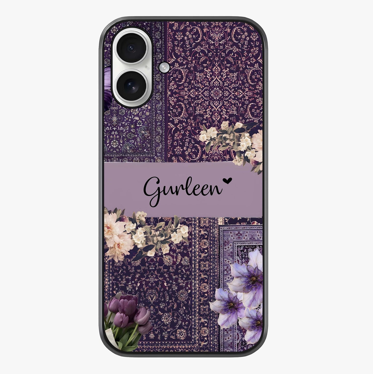 Antique Floral Whisper Custom Name Glass Case showing full back design in clean flat view with glossy glass finish.