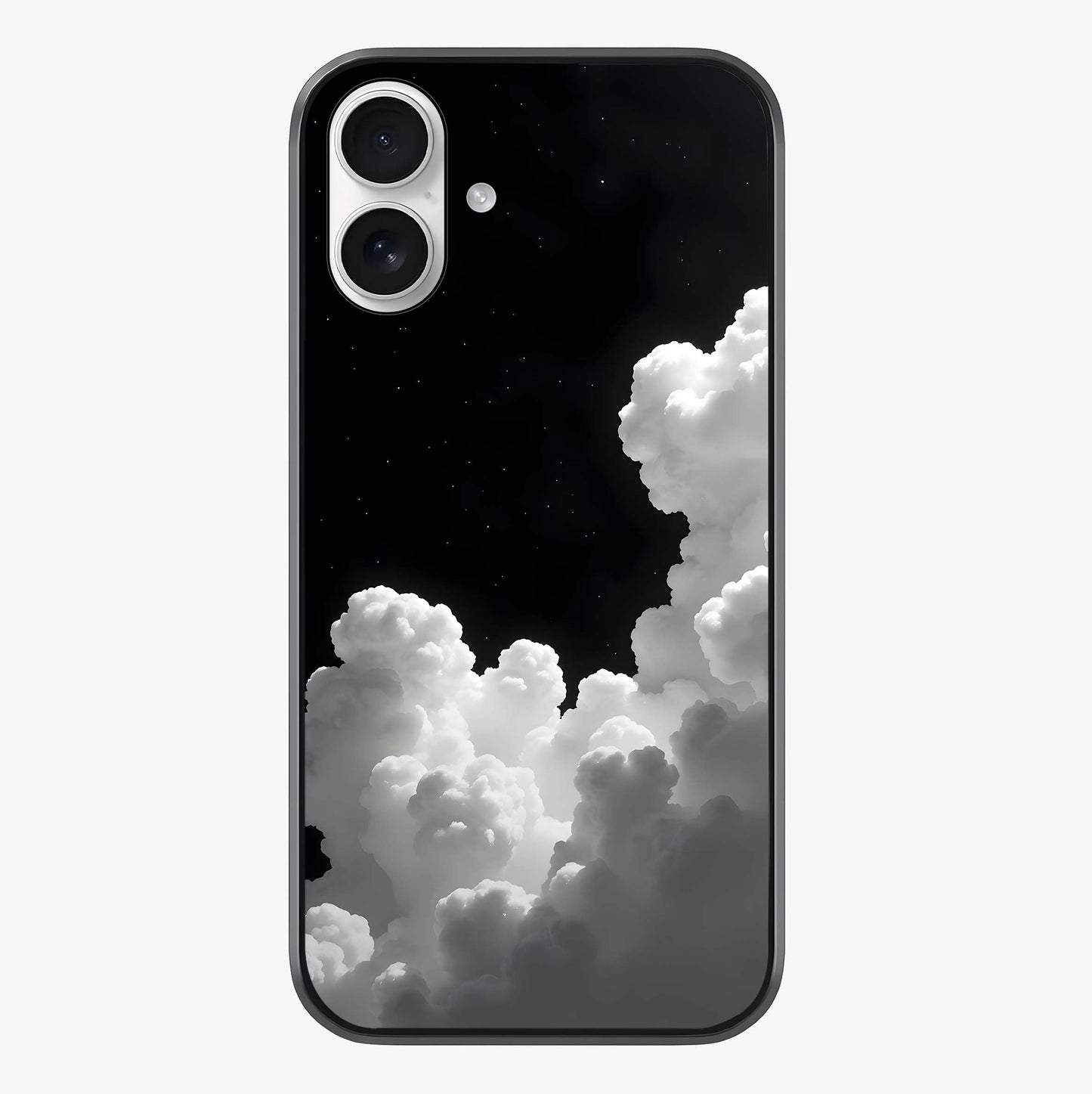Black Background With White Cloud Glass Case showing full back design in clean flat view with glossy glass finish.
