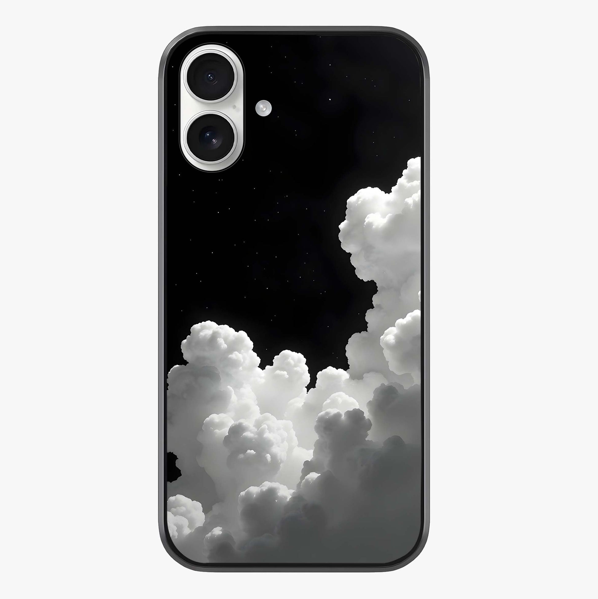 Black Background With White Cloud Glass Case showing full back design in clean flat view with glossy glass finish.