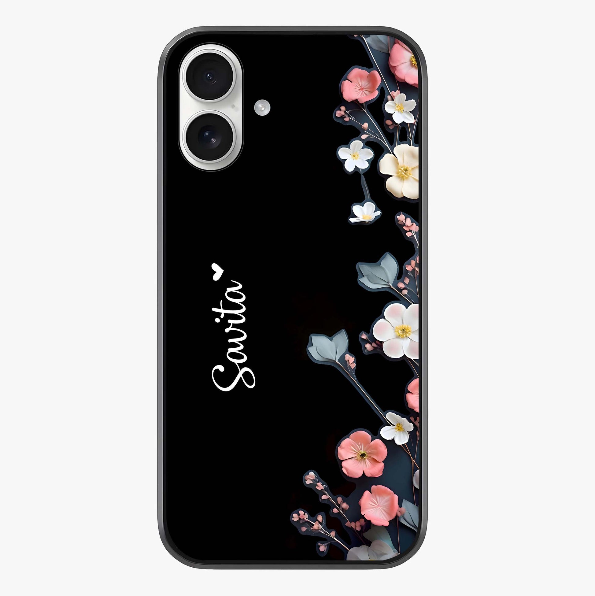 Black Elegance Floral Custom Name Glass Case showing full back design in clean flat view with glossy glass finish.