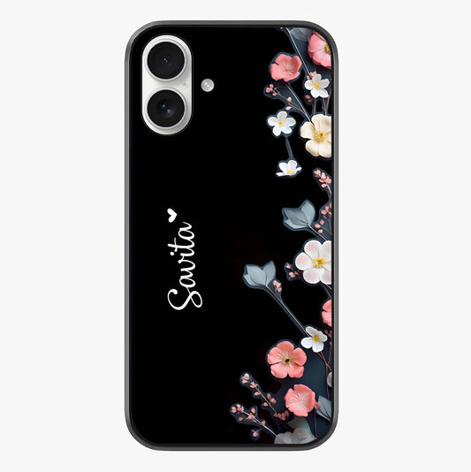 Black Elegance Floral Custom Name Glass Case showing full back design in clean flat view with glossy glass finish.