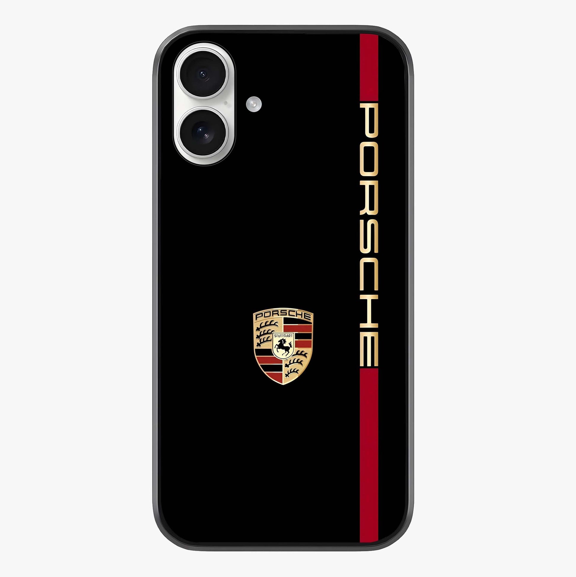 Black Minimal Porsche Glass Case showing full back design in clean flat view with glossy glass finish.