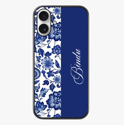 Blue Vintage Floral Pattern Glass Case showing full back design in clean flat view with glossy glass finish.