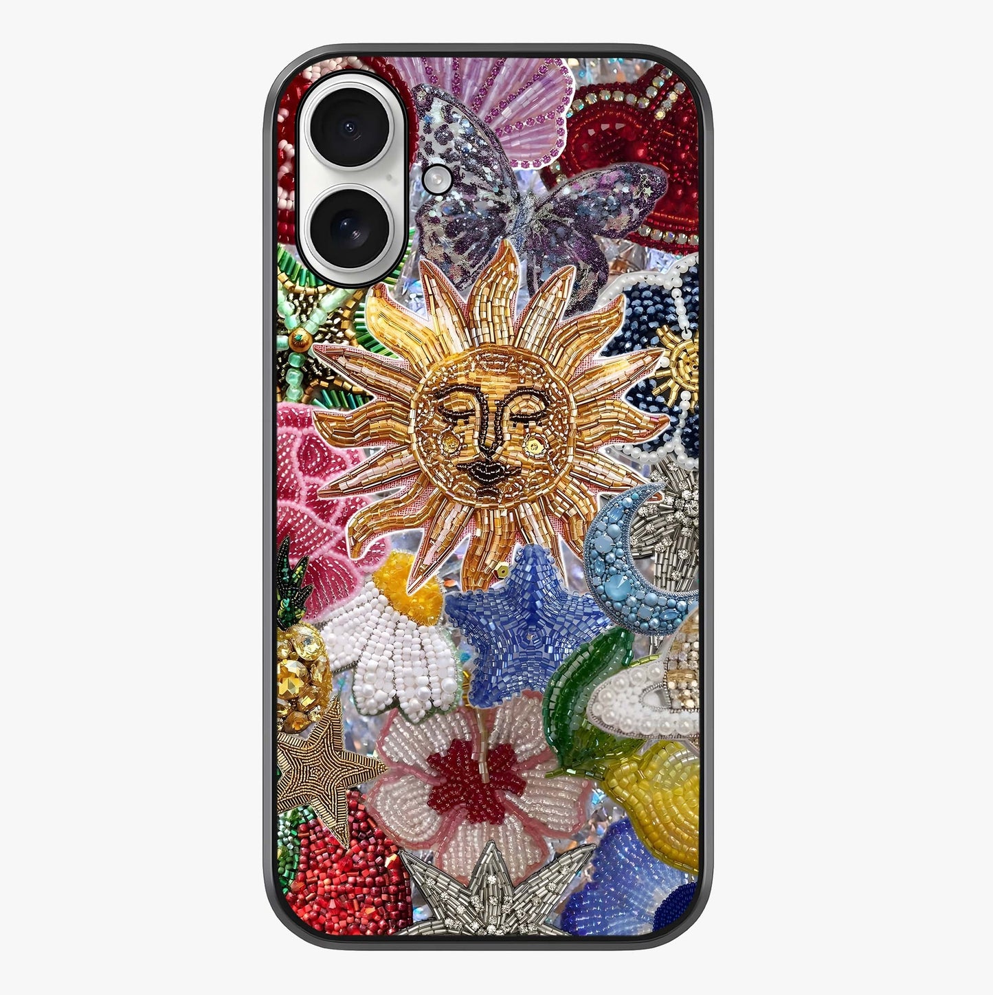 Celestial Floral And Playful Glass Case showing full back design in clean flat view with glossy glass finish.