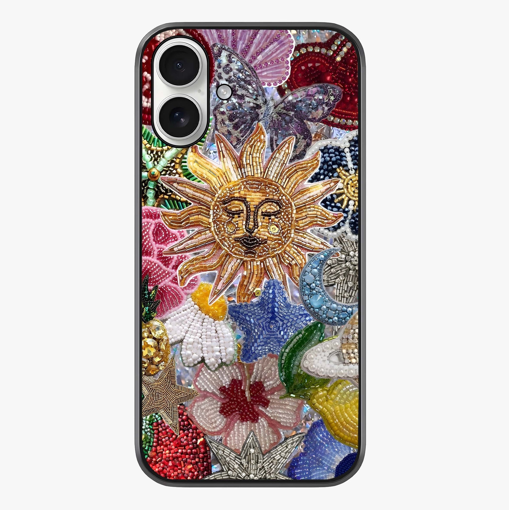 Celestial Floral And Playful Glass Case showing full back design in clean flat view with glossy glass finish.