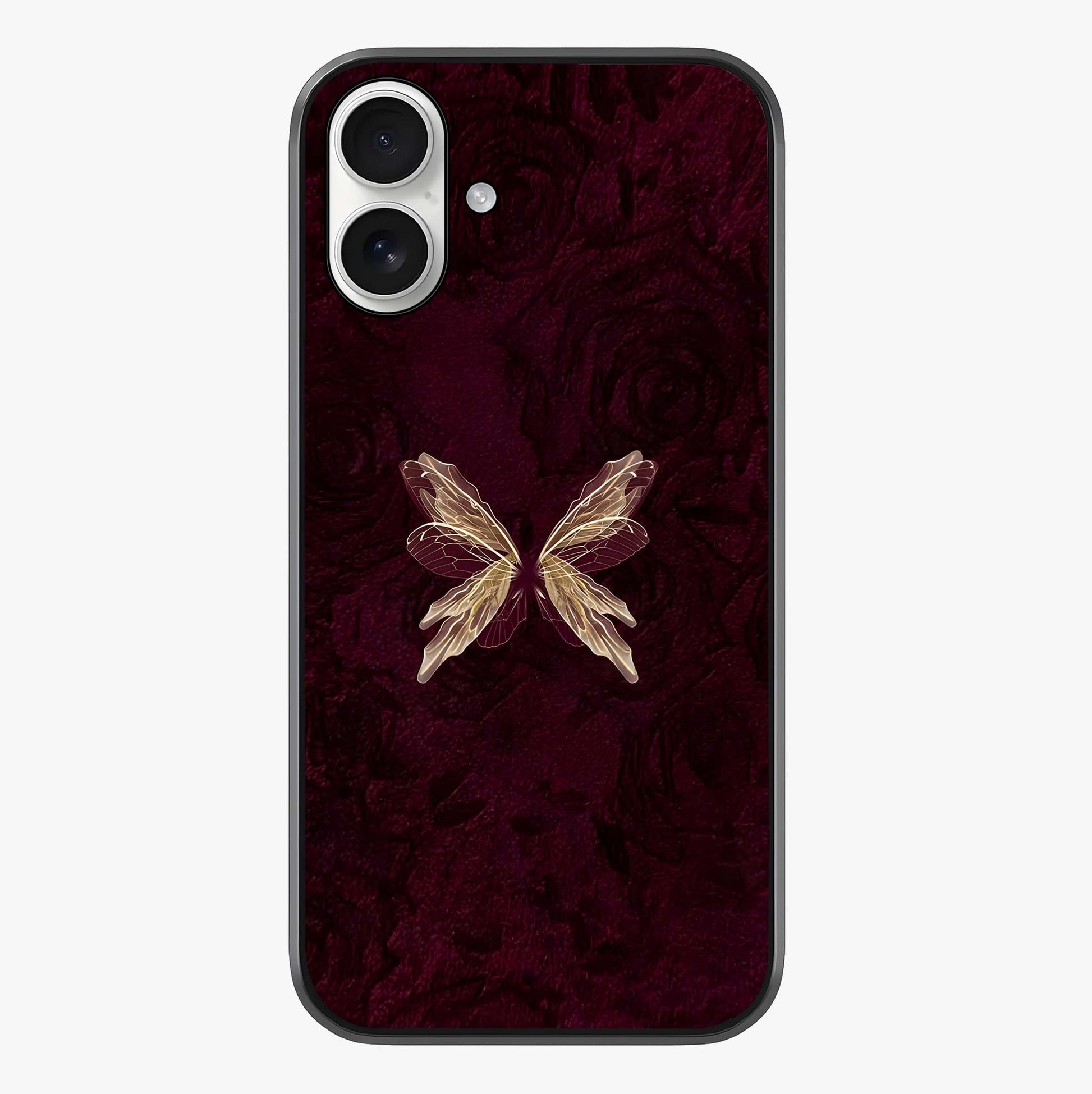 Crimson Fade Butterfly Glass Case showing full back design in clean flat view with glossy glass finish.