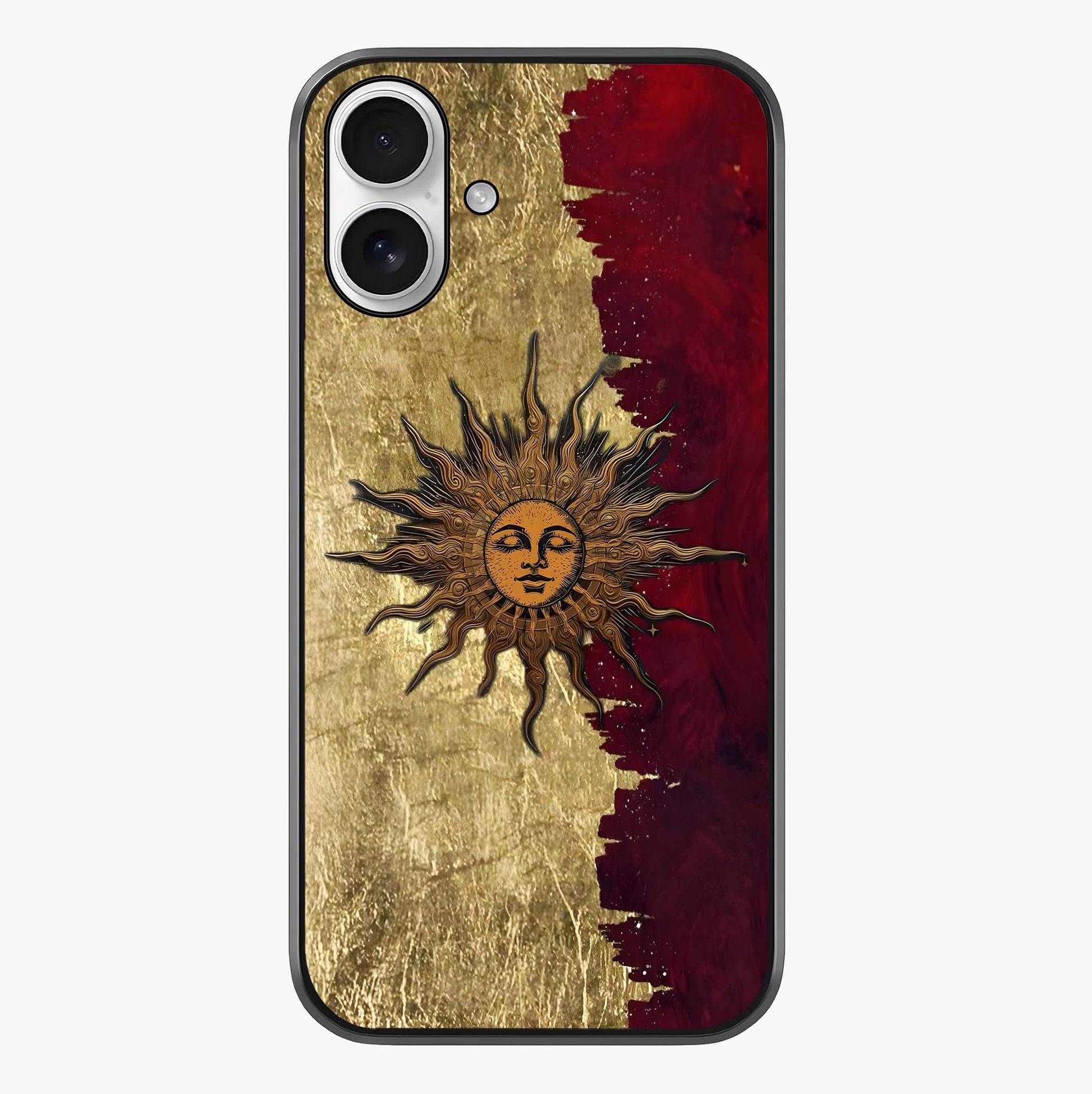 Crimson Sun Majesty Glass Case showing full back design in clean flat view with glossy glass finish.