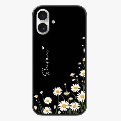 Daisy Cascade Custom Name Glass Case showing full back design in clean flat view with glossy glass finish.