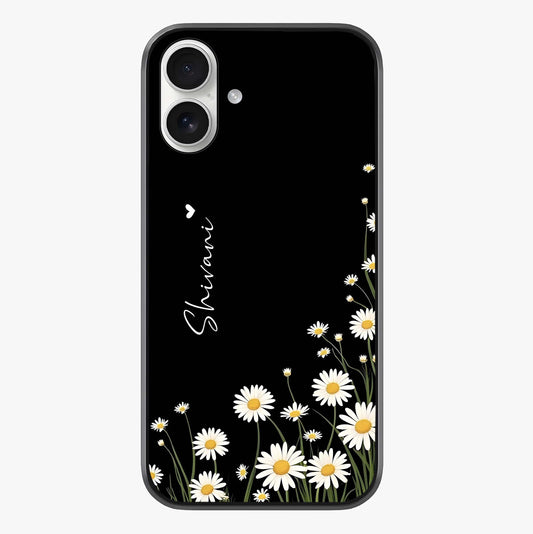Daisy Cascade Custom Name Glass Case showing full back design in clean flat view with glossy glass finish.