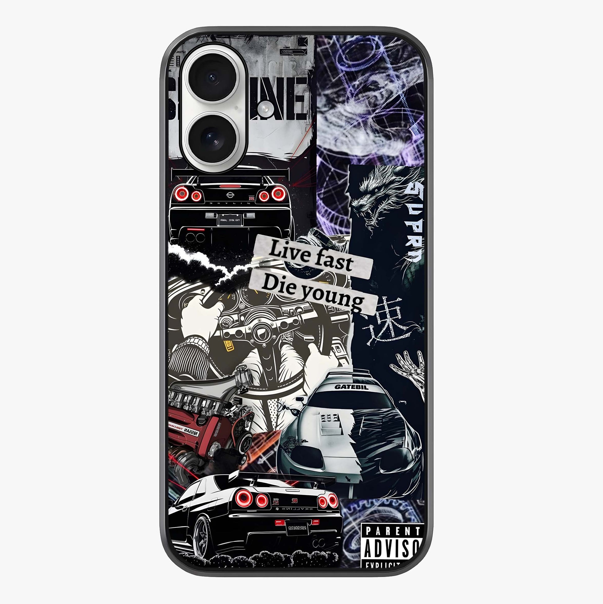 Die Young Glass Case showing full back design in clean flat view with glossy glass finish.