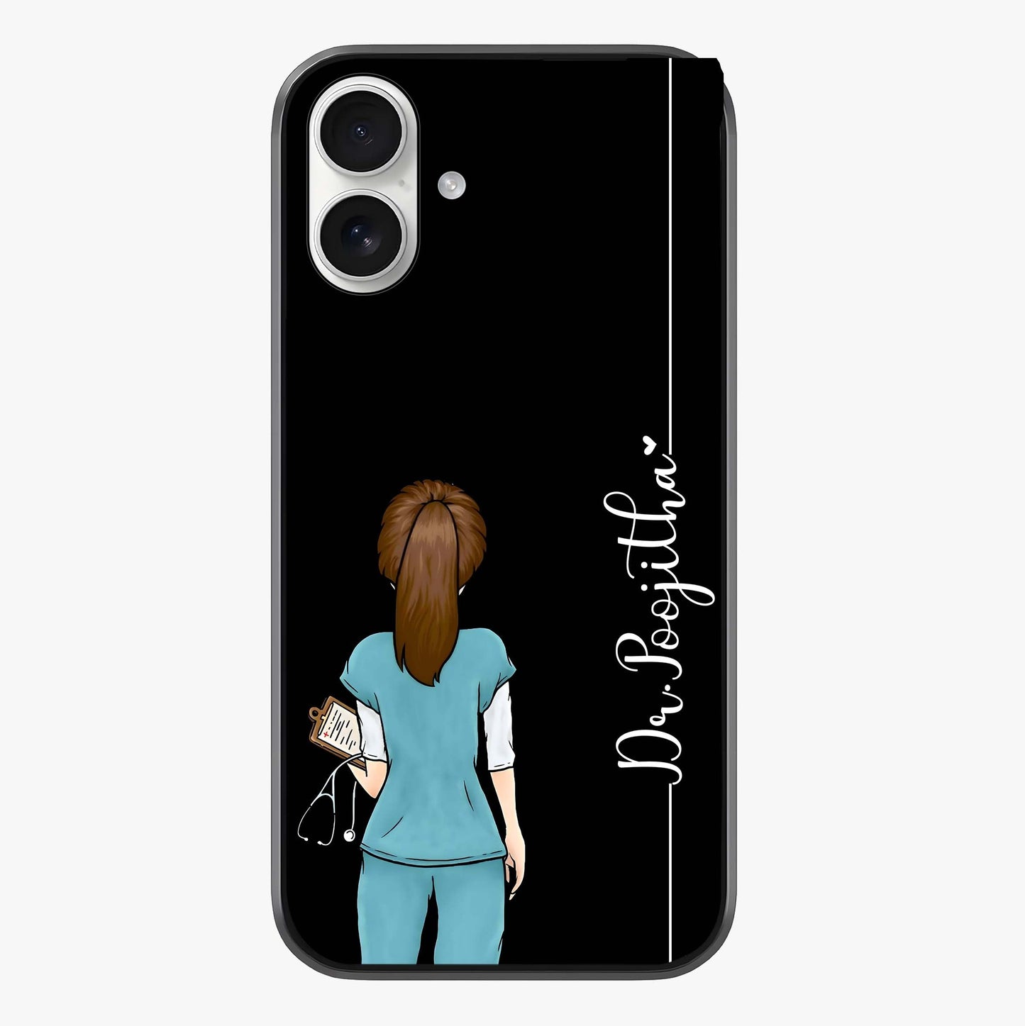 Doctor Pattern Custom Name Glass Case showing full back design in clean flat view with glossy glass finish.