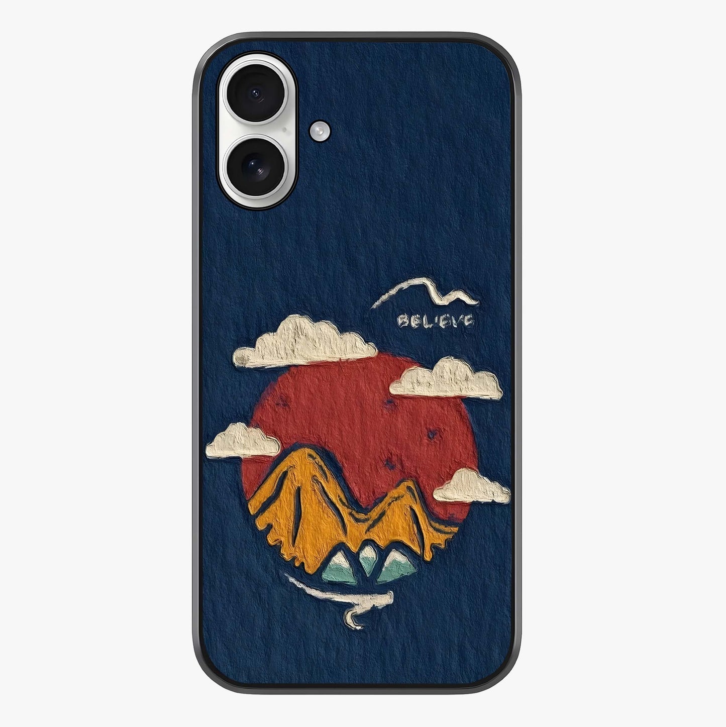 Dream Beyond Mountains Glass Case showing full back design in clean flat view with glossy glass finish.