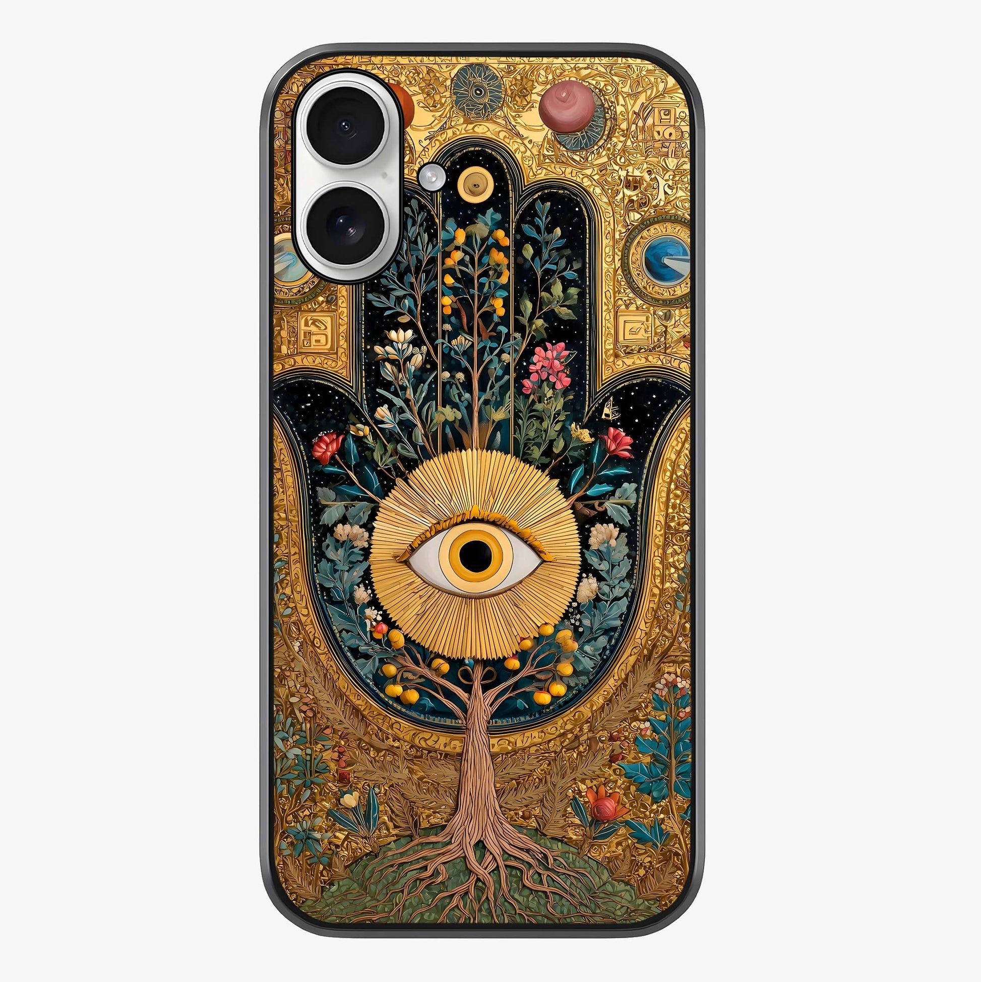 Ethereal Evil Eye Glass Case showing full back design in clean flat view with glossy glass finish.