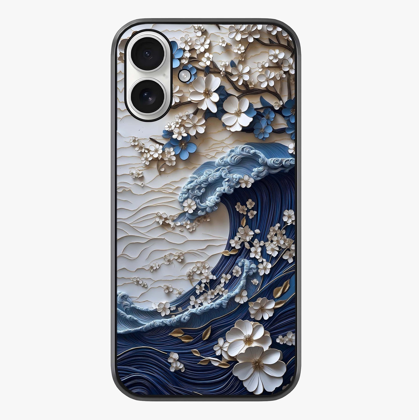 Floral Wave Origami Glass Case showing full back design in clean flat view with glossy glass finish.