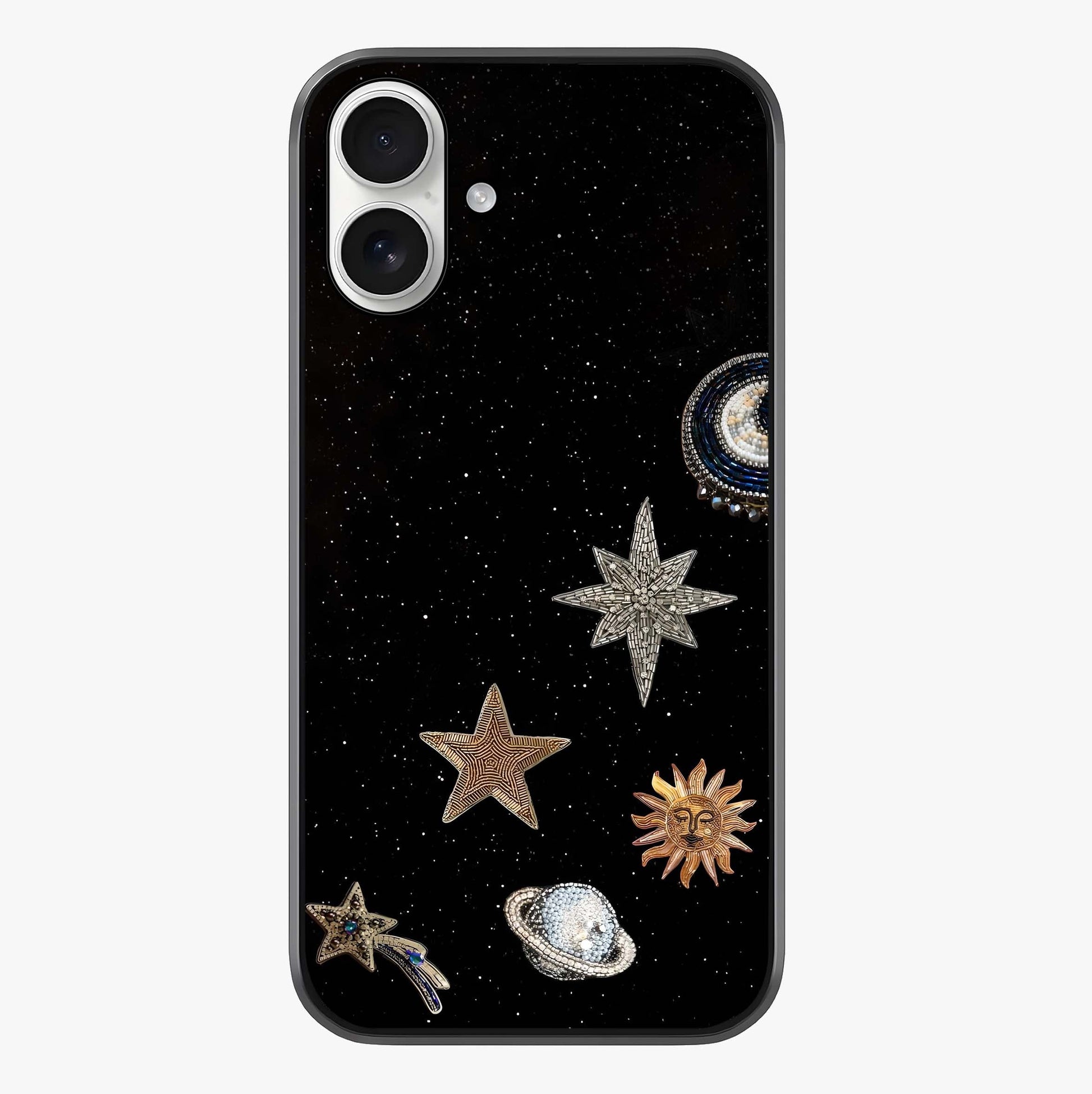 Galactic Charm Glow Glass Case showing full back design in clean flat view with glossy glass finish.