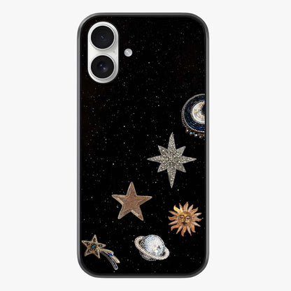 Galactic Charm Glow Glass Case showing full back design in clean flat view with glossy glass finish.