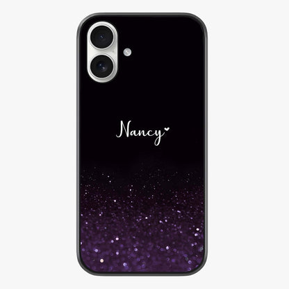 Glittery Purple Bokeh Custom Name Glass Case showing full back design in clean flat view with glossy glass finish.