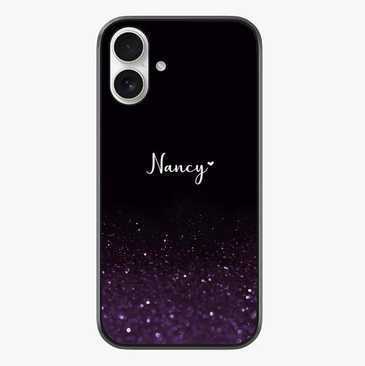 Glittery Purple Bokeh Custom Name Glass Case showing full back design in clean flat view with glossy glass finish.