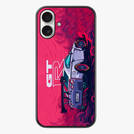 GT R Car Pattern Glass Case showing full back design in clean flat view with glossy glass finish.