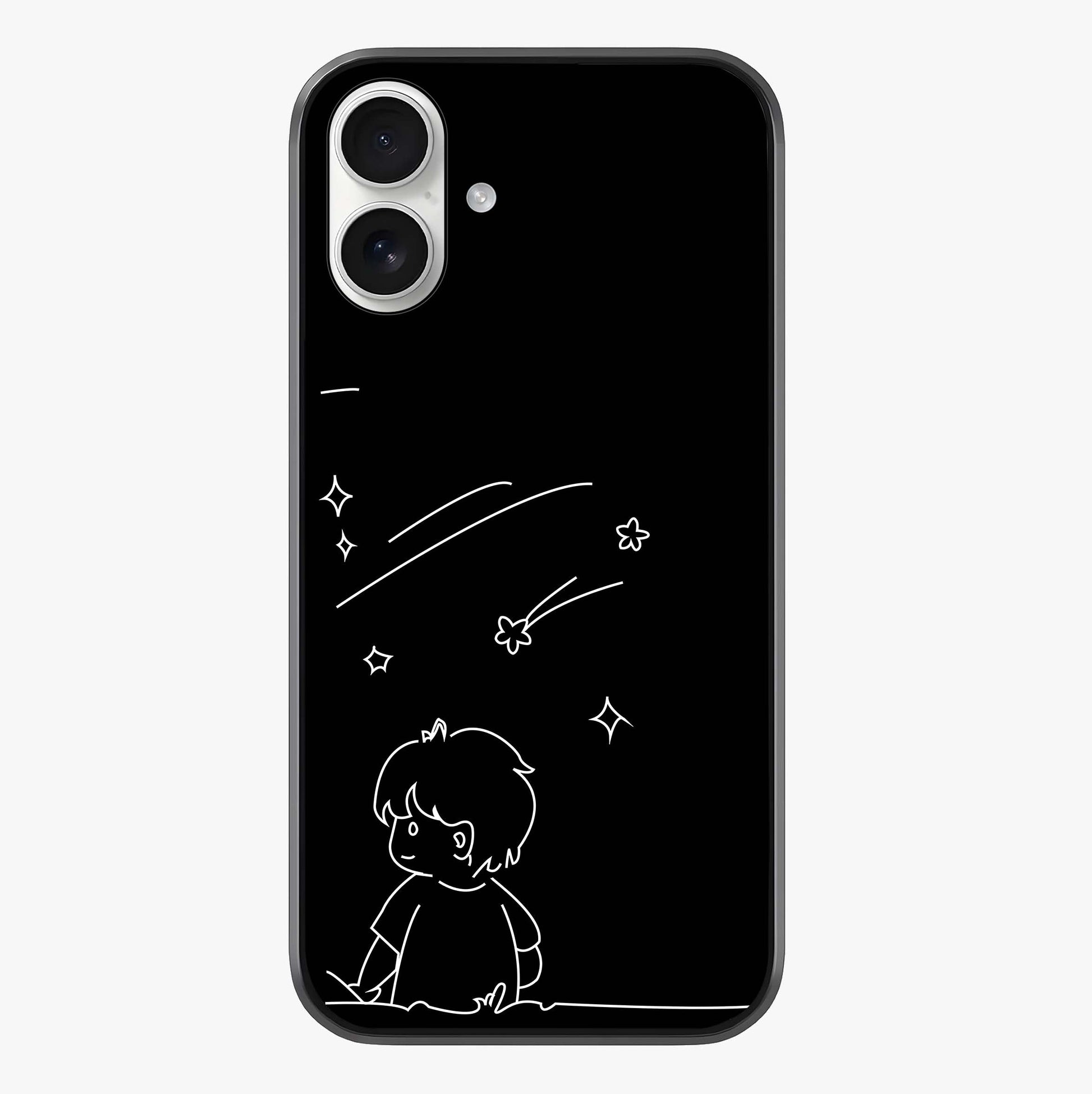 Line Art Boy With Shooting Stars Glass Case showing full back design in clean flat view with glossy glass finish.