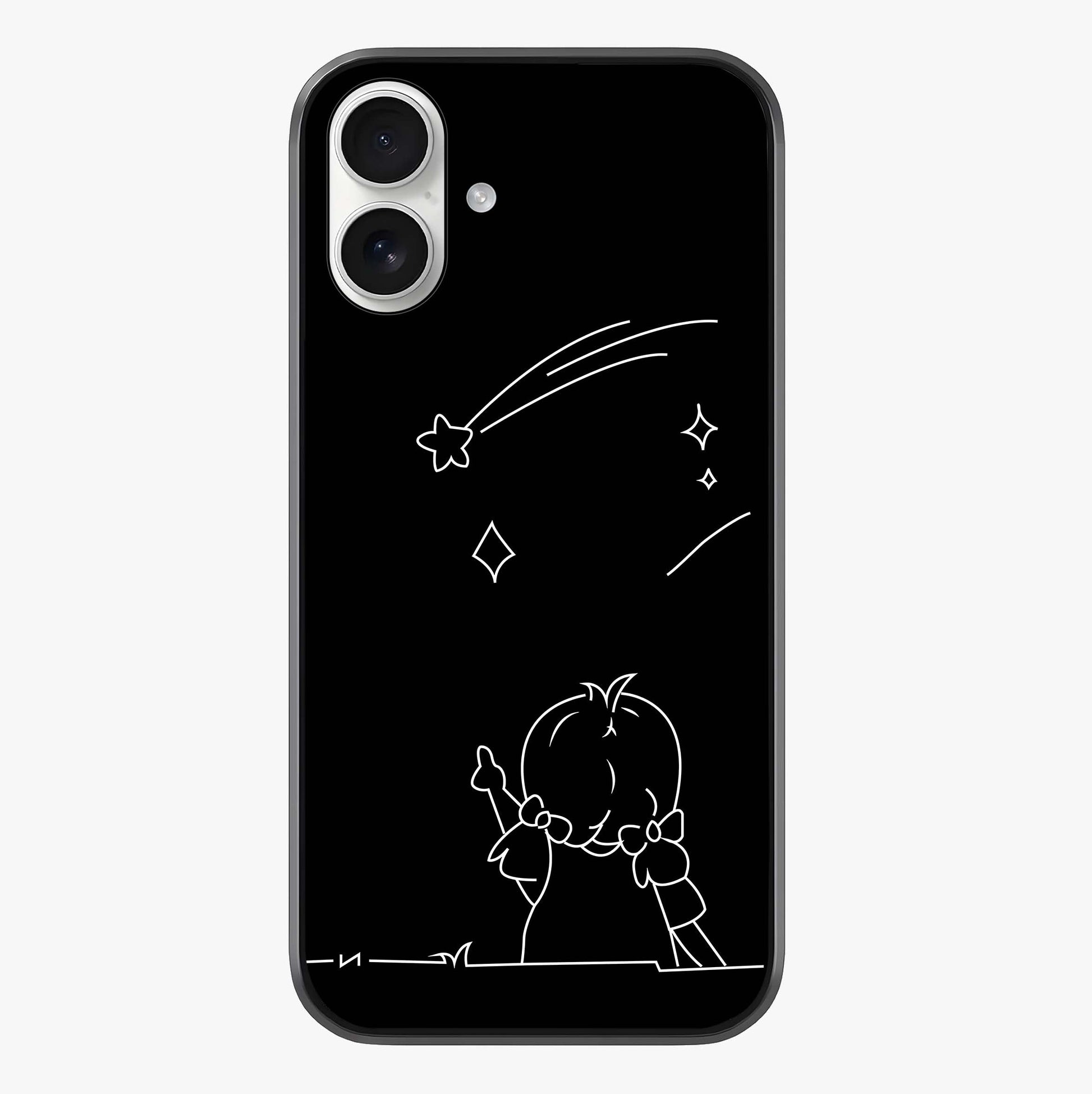 Line Art Girl With Shooting Stars Glass Case showing full back design in clean flat view with glossy glass finish.
