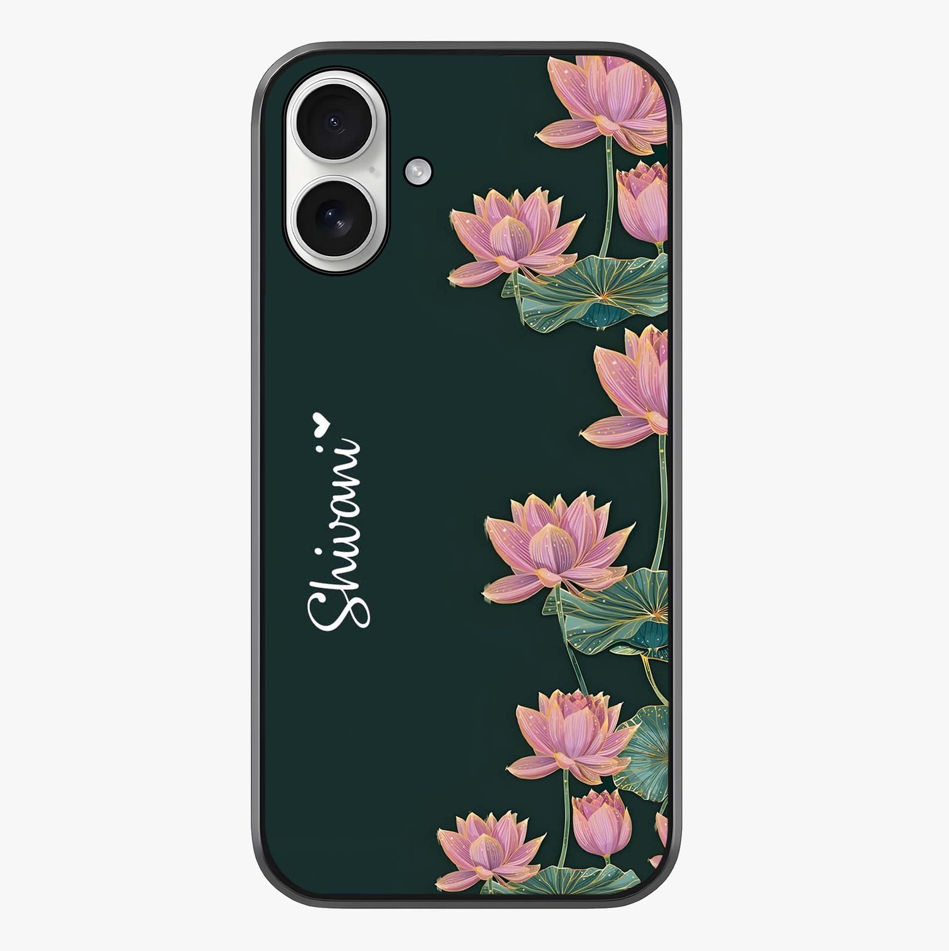 Lotus Bloom Serenity Custom Name Glass Case showing full back design in clean flat view with glossy glass finish.