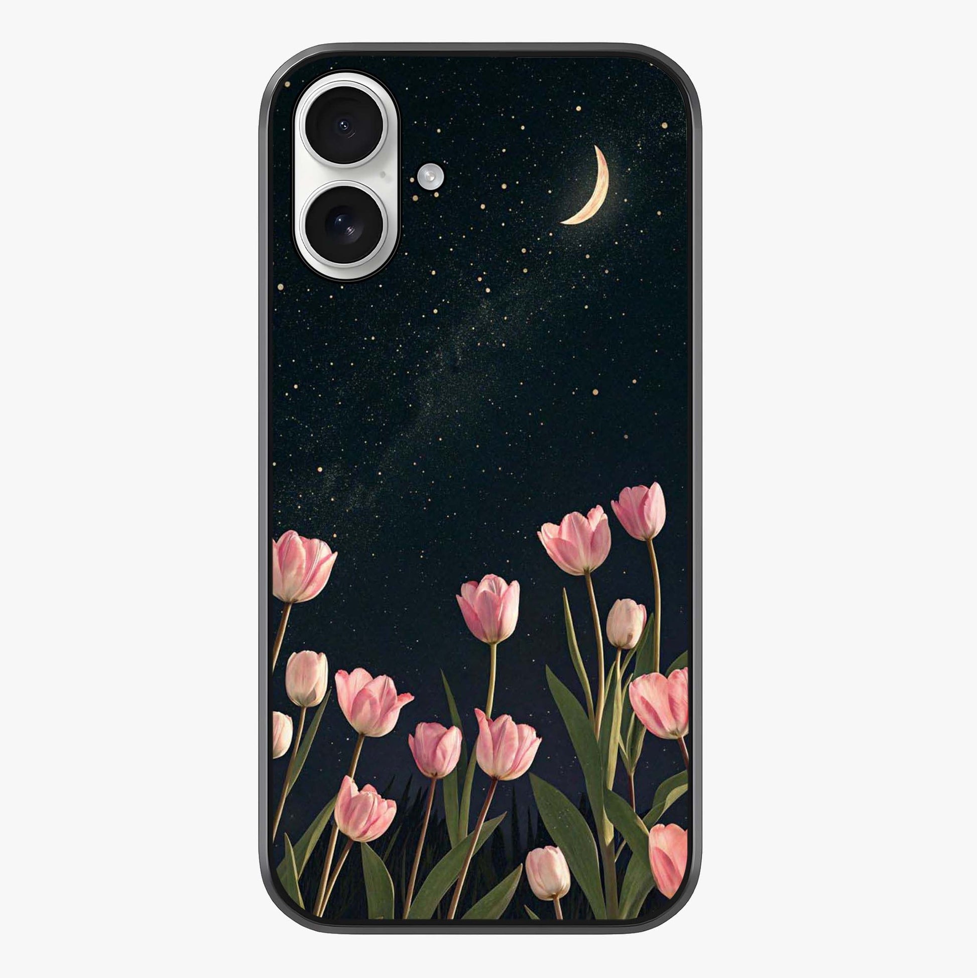Midnight Tulip Whispers Vibe Glass Case showing full back design in clean flat view with glossy glass finish.