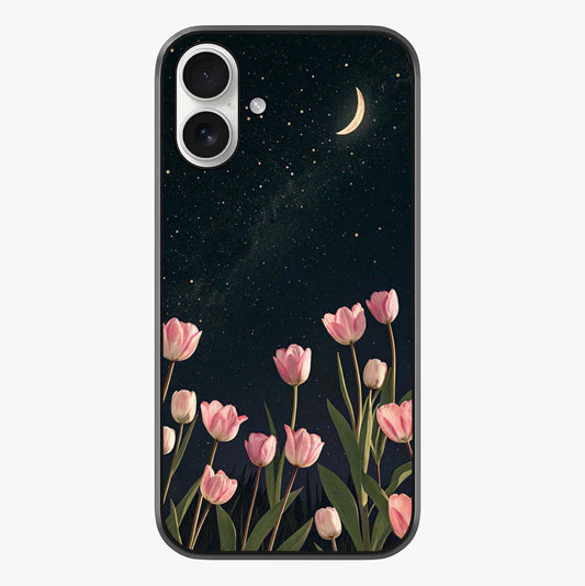 Midnight Tulip Whispers Vibe Glass Case showing full back design in clean flat view with glossy glass finish.