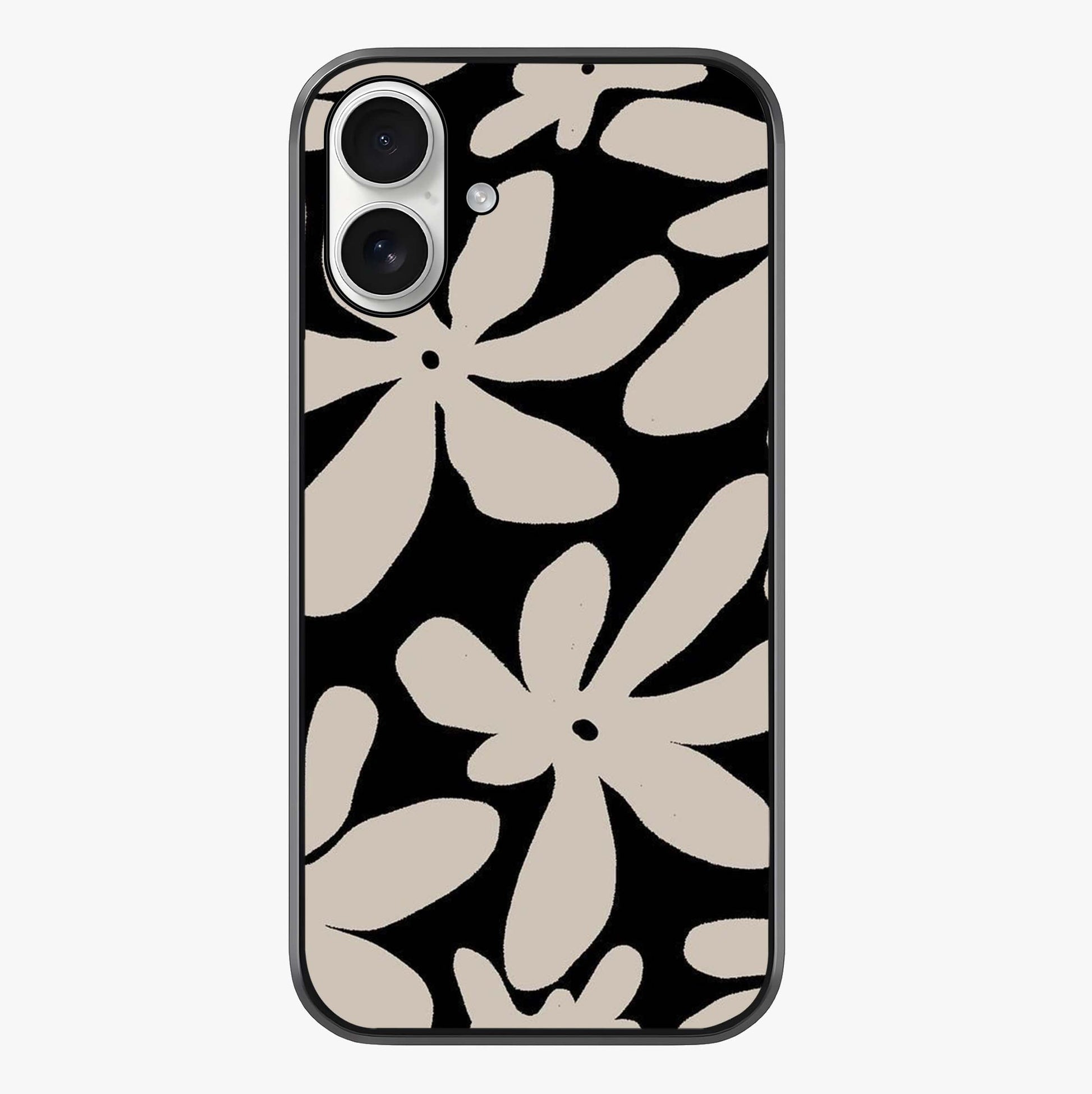 Monochrome Petal Dance Glass Case showing full back design in clean flat view with glossy glass finish.
