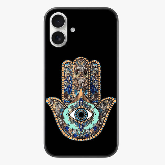 Mystic Hamsa Eye Glass Case showing full back design in clean flat view with glossy glass finish.