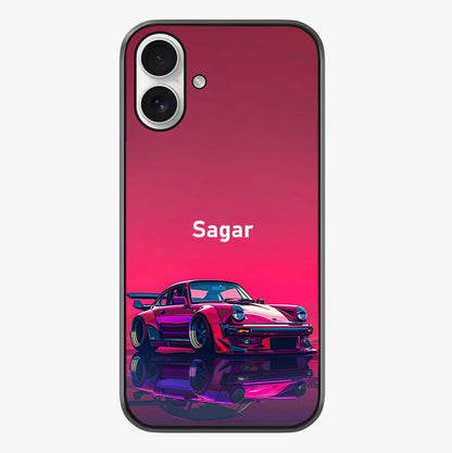 Neon Pink Porsche Glass Case showing full back design in clean flat view with glossy glass finish.