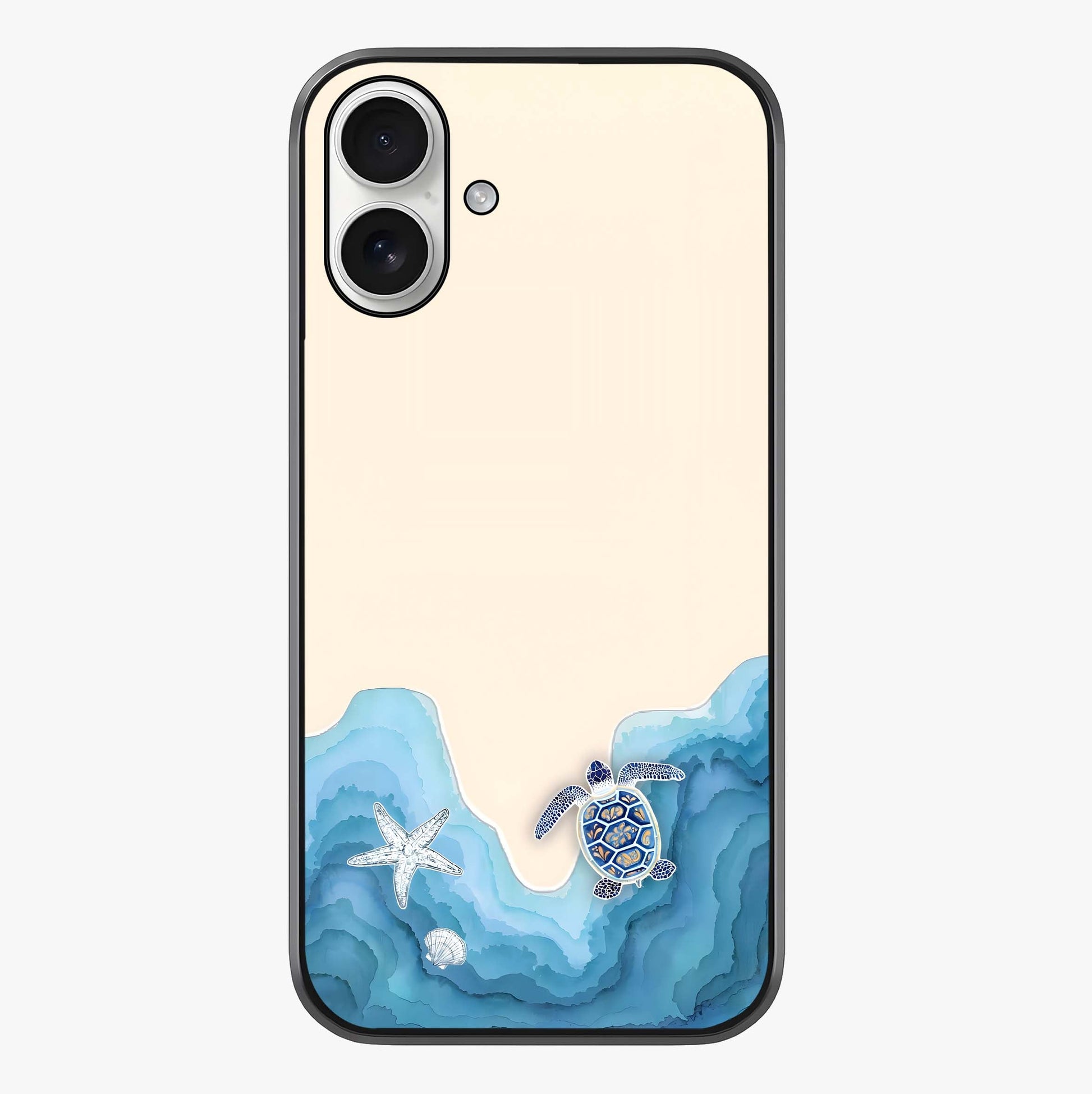 Ocean Drift Turtle Glass Case showing full back design in clean flat view with glossy glass finish.