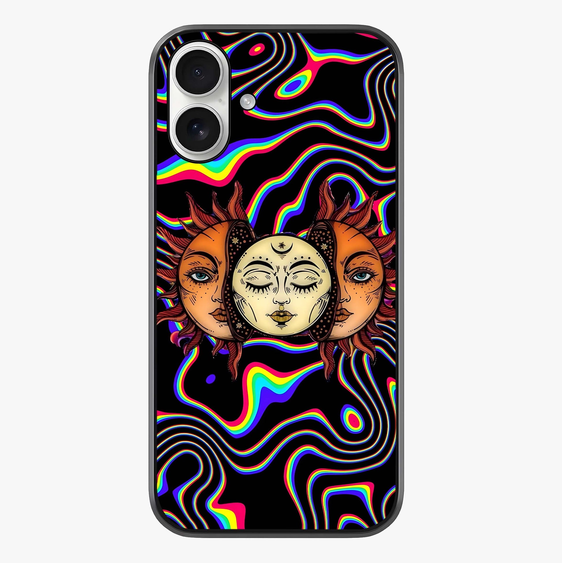 Psychedelic Sun Glass Case showing full back design in clean flat view with glossy glass finish.