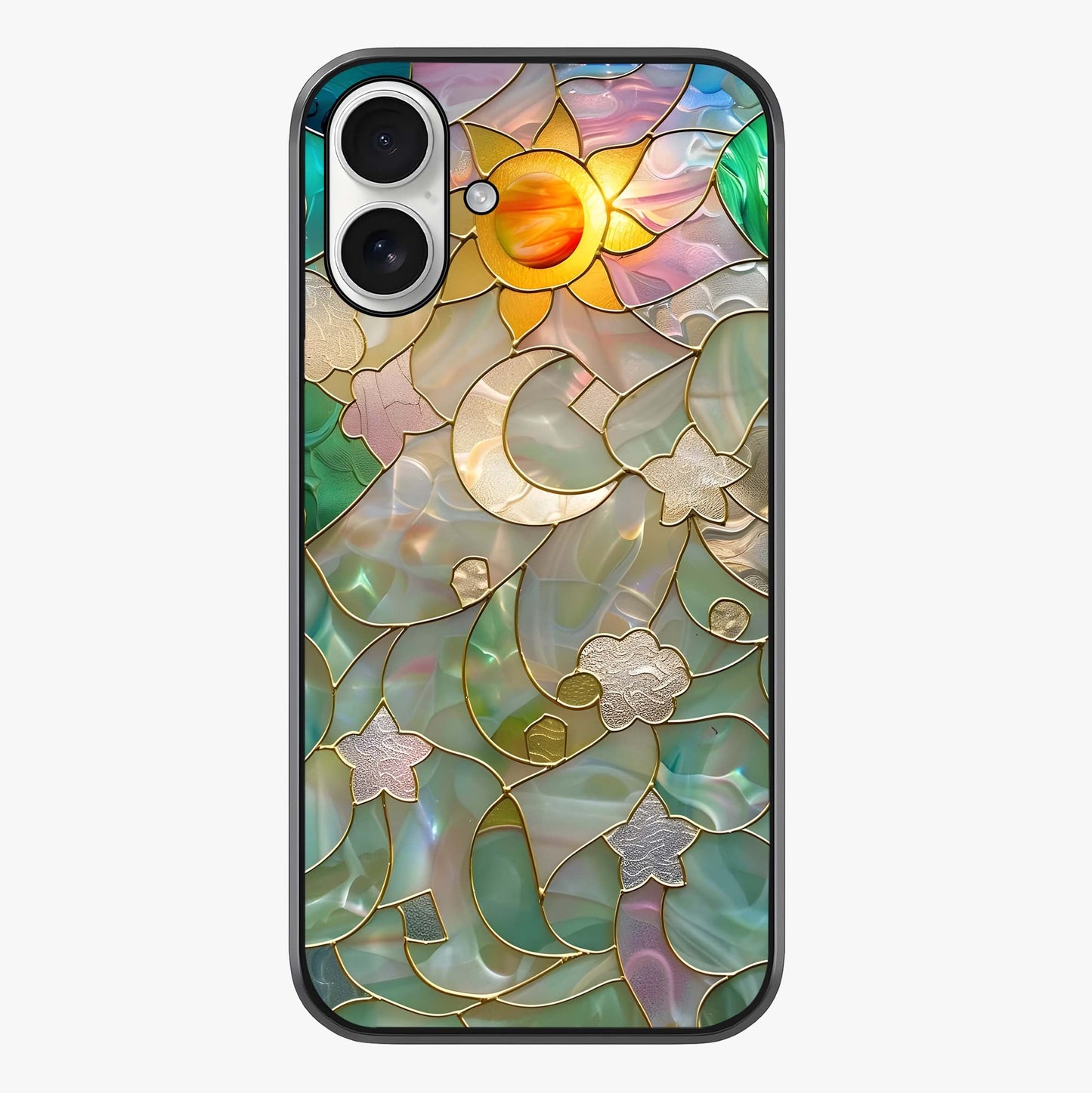 Stained Sunrise Glow Glass Case showing full back design in clean flat view with glossy glass finish.