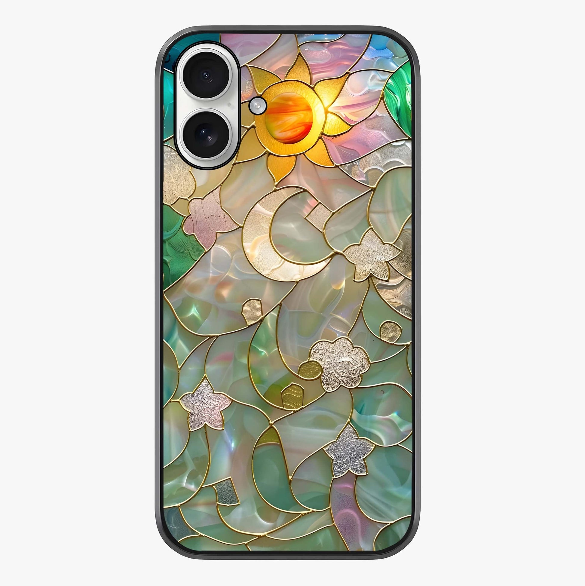 Stained Sunrise Glow Glass Case showing full back design in clean flat view with glossy glass finish.