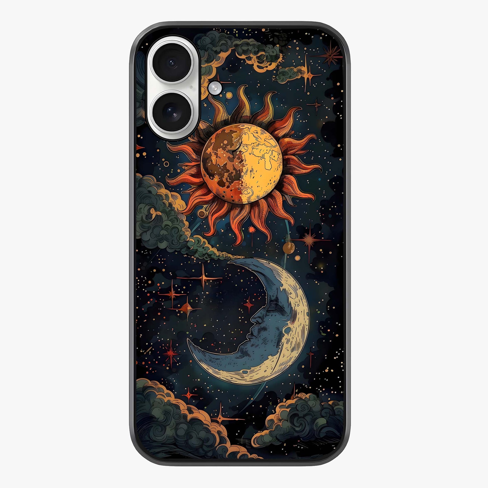 Sun And Moon Magic Design Glass Case showing full back design in clean flat view with glossy glass finish.