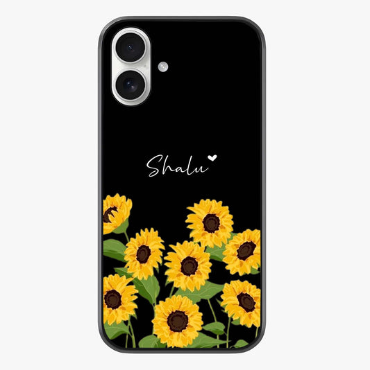 Sunflower Chic Mood Custom Name Glass Case showing full back design in clean flat view with glossy glass finish.