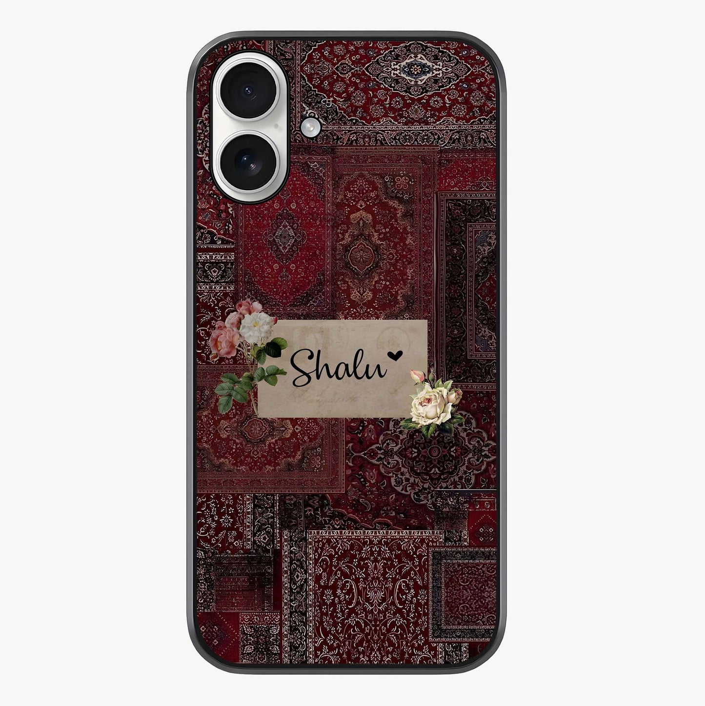 Velvet Wine Pattern Custom Name Glass Case showing full back design in clean flat view with glossy glass finish.