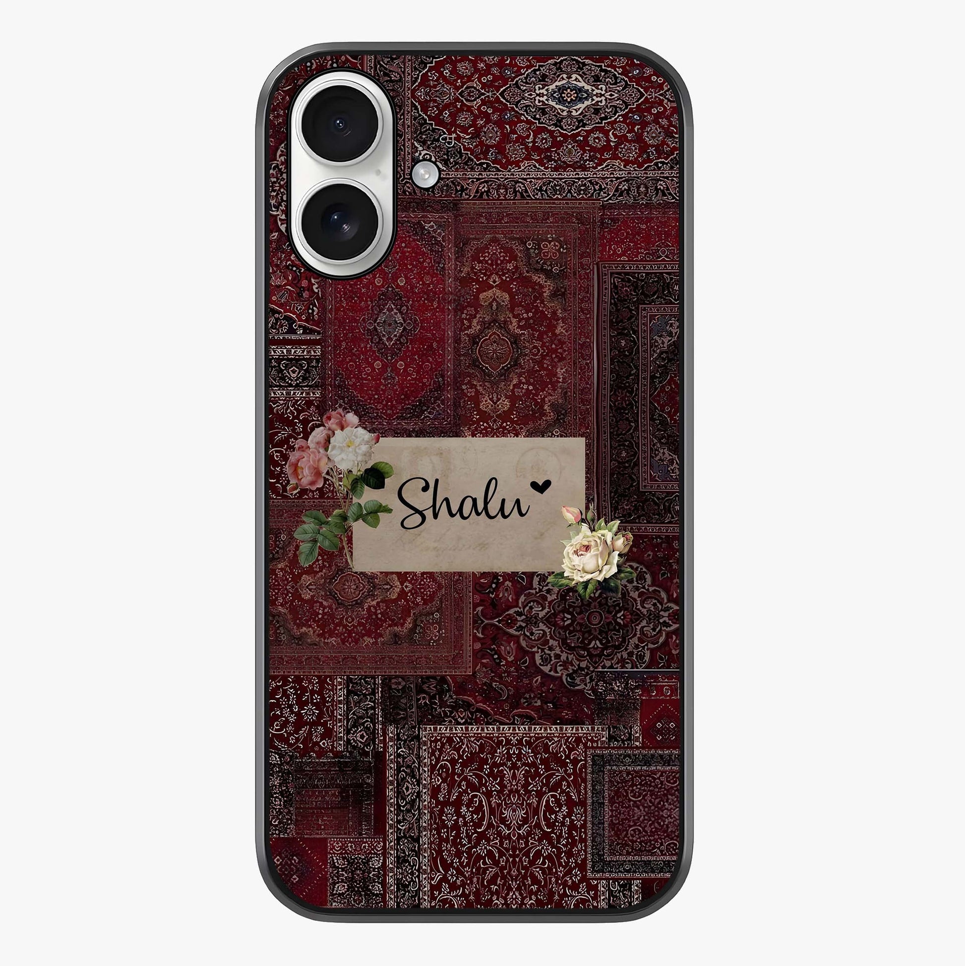 Velvet Wine Pattern Custom Name Glass Case showing full back design in clean flat view with glossy glass finish.