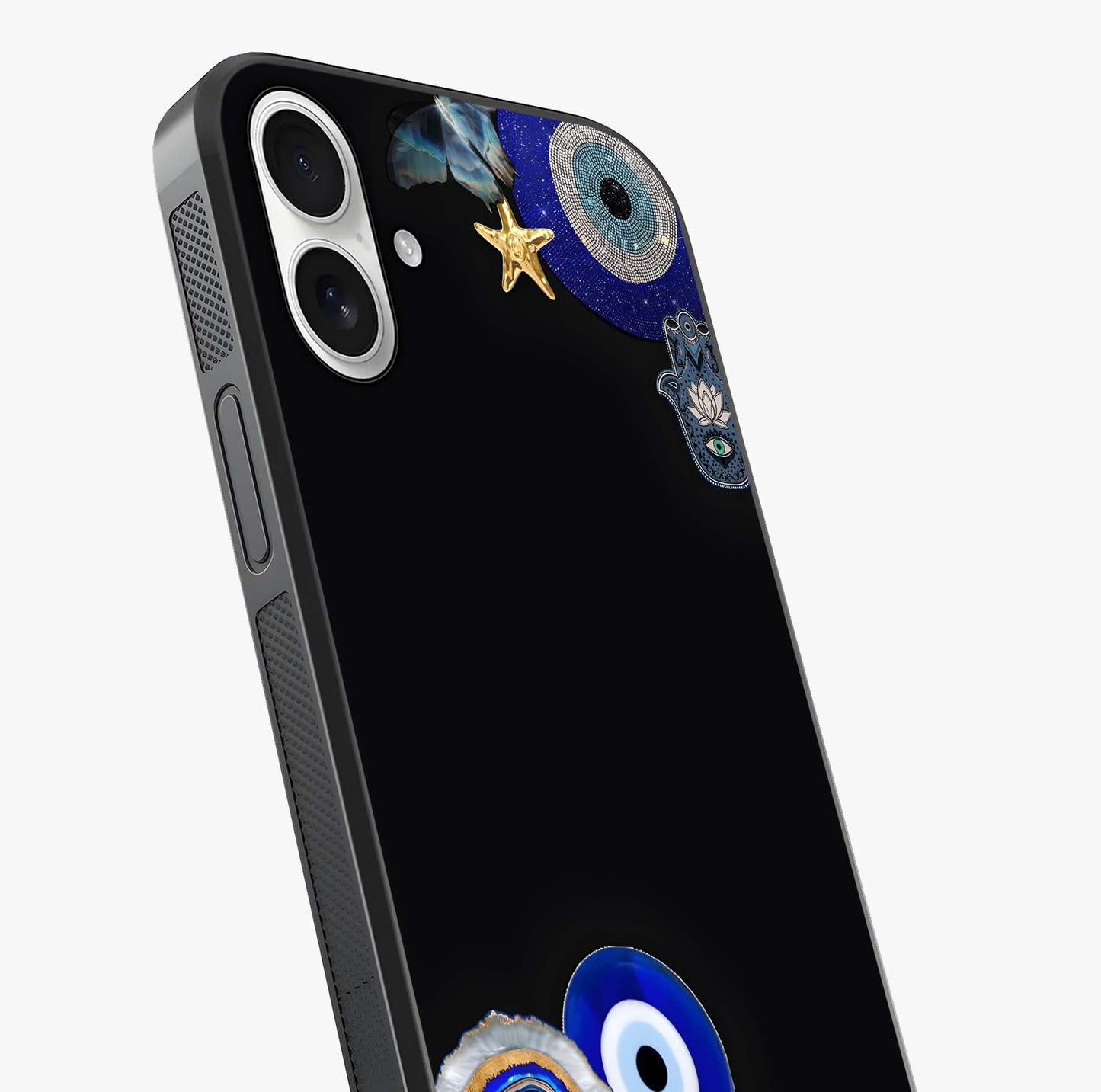 Aesthetic Blue Evil Eye Glass Case captured at a warm angle highlighting gloss, texture and premium glass finish.