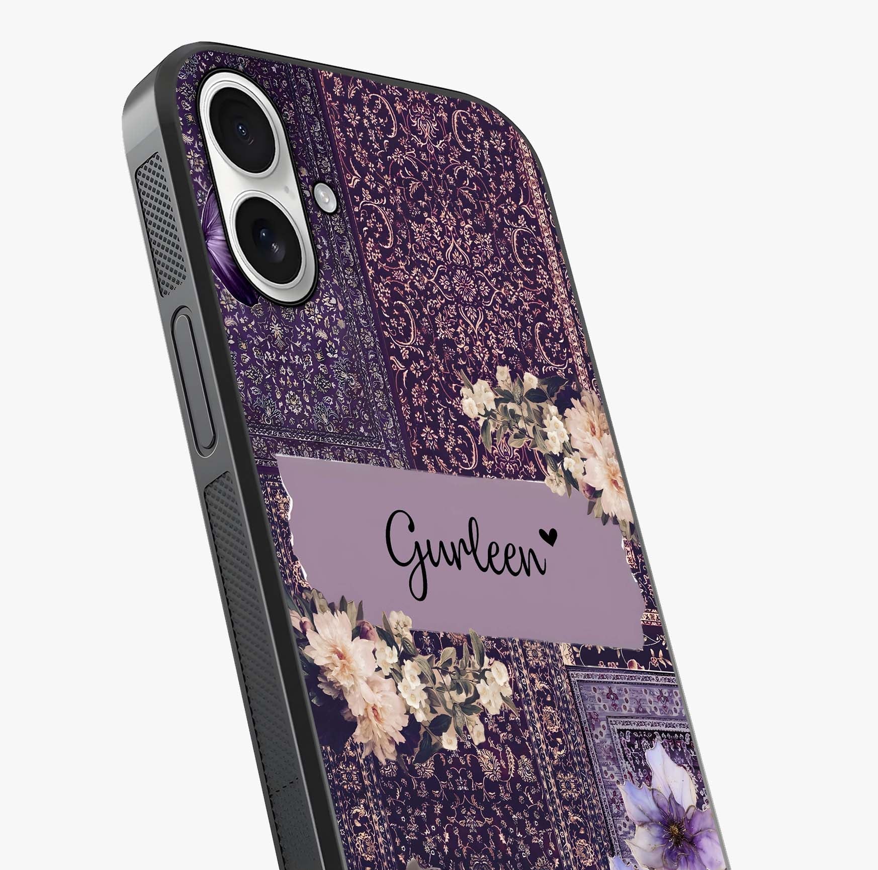 Antique Floral Whisper Custom Name Glass Case captured at a warm angle highlighting gloss, texture and premium glass finish.