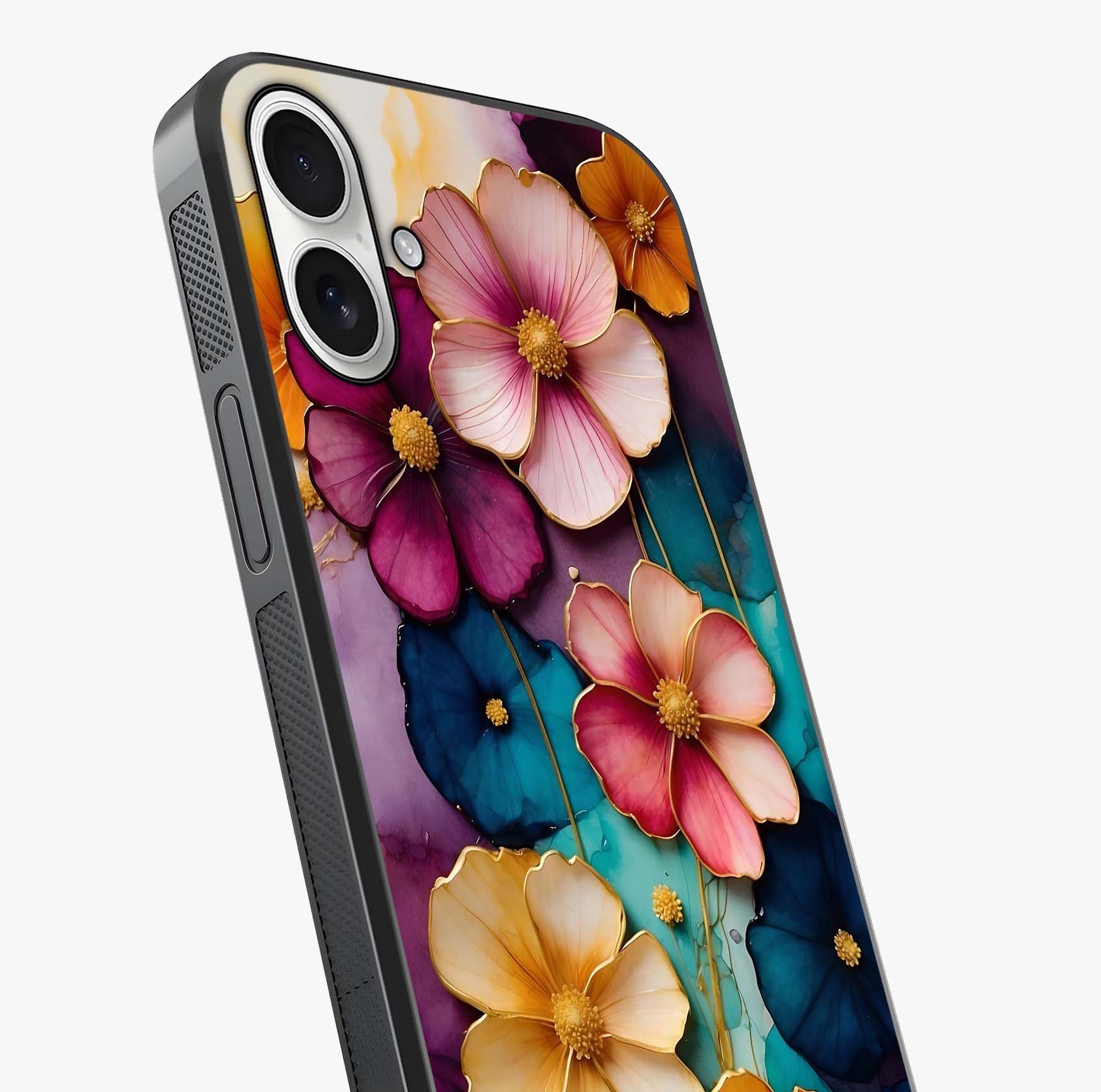 Artlyn Grace Flower Pattern Glass Case captured at a warm angle highlighting gloss, texture and premium glass finish.