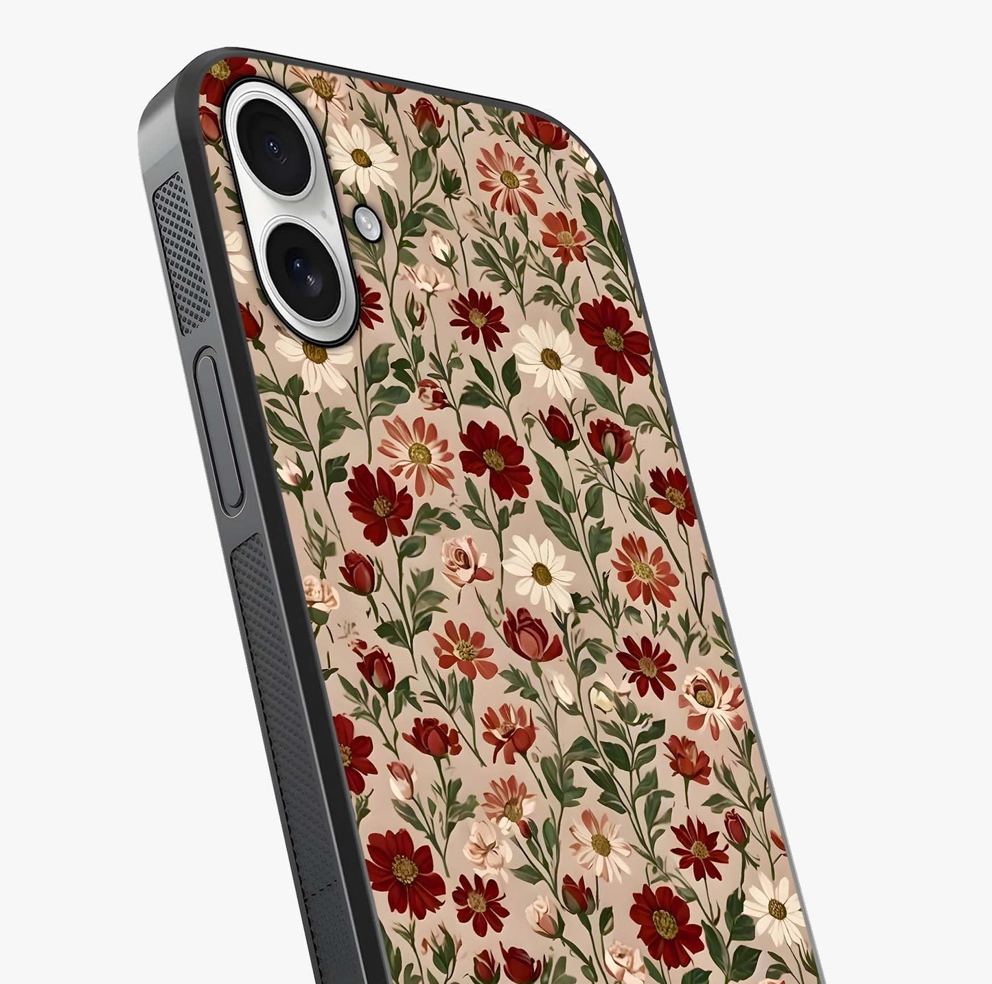Biege Flower With Leaf Glass Case captured at a warm angle highlighting gloss, texture and premium glass finish.