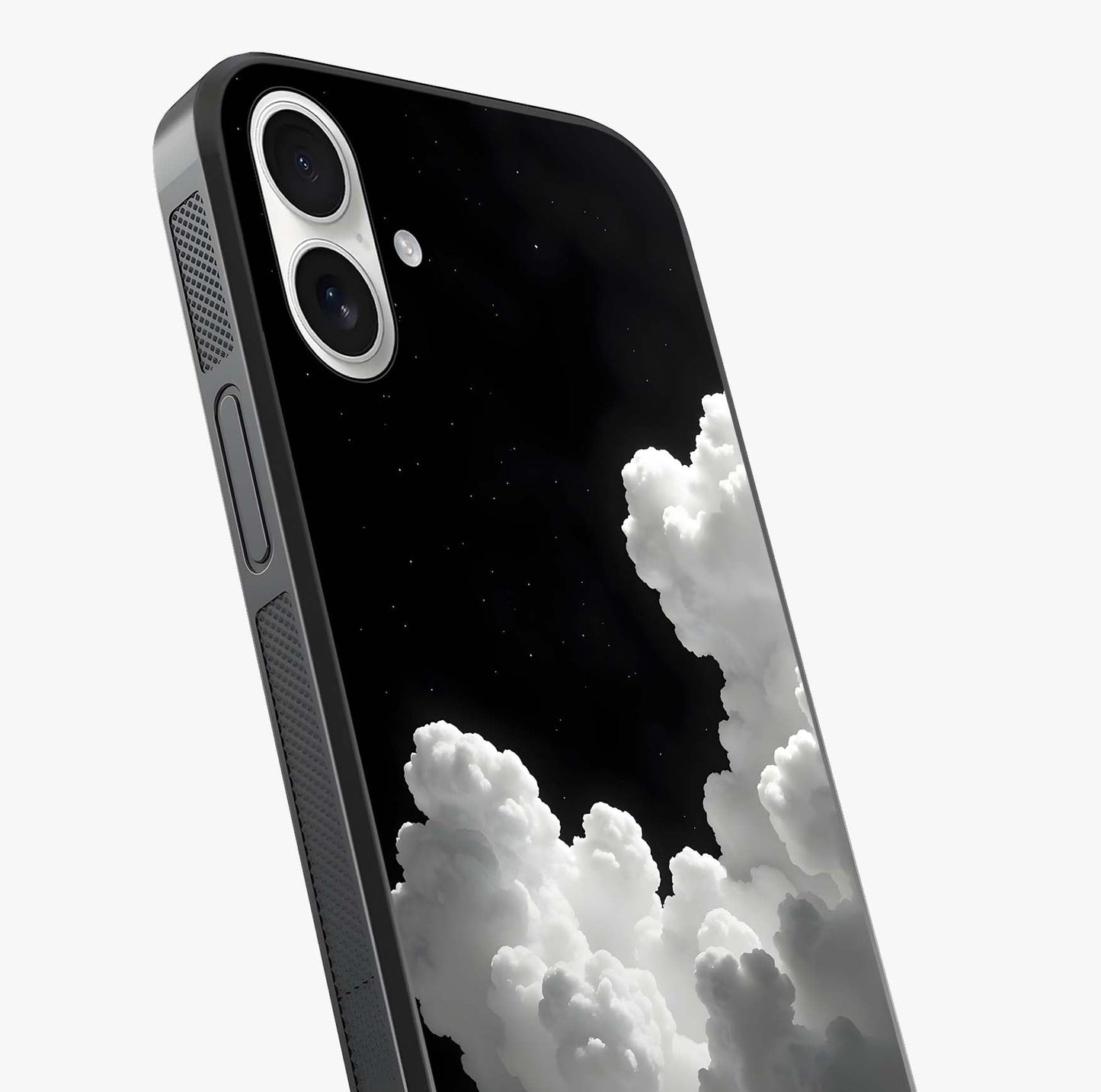 Black Background With White Cloud Glass Case captured at a warm angle highlighting gloss, texture and premium glass finish.