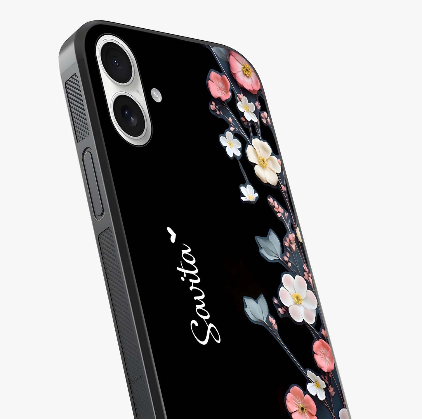 Black Elegance Floral Custom Name Glass Case captured at a warm angle highlighting gloss, texture and premium glass finish.