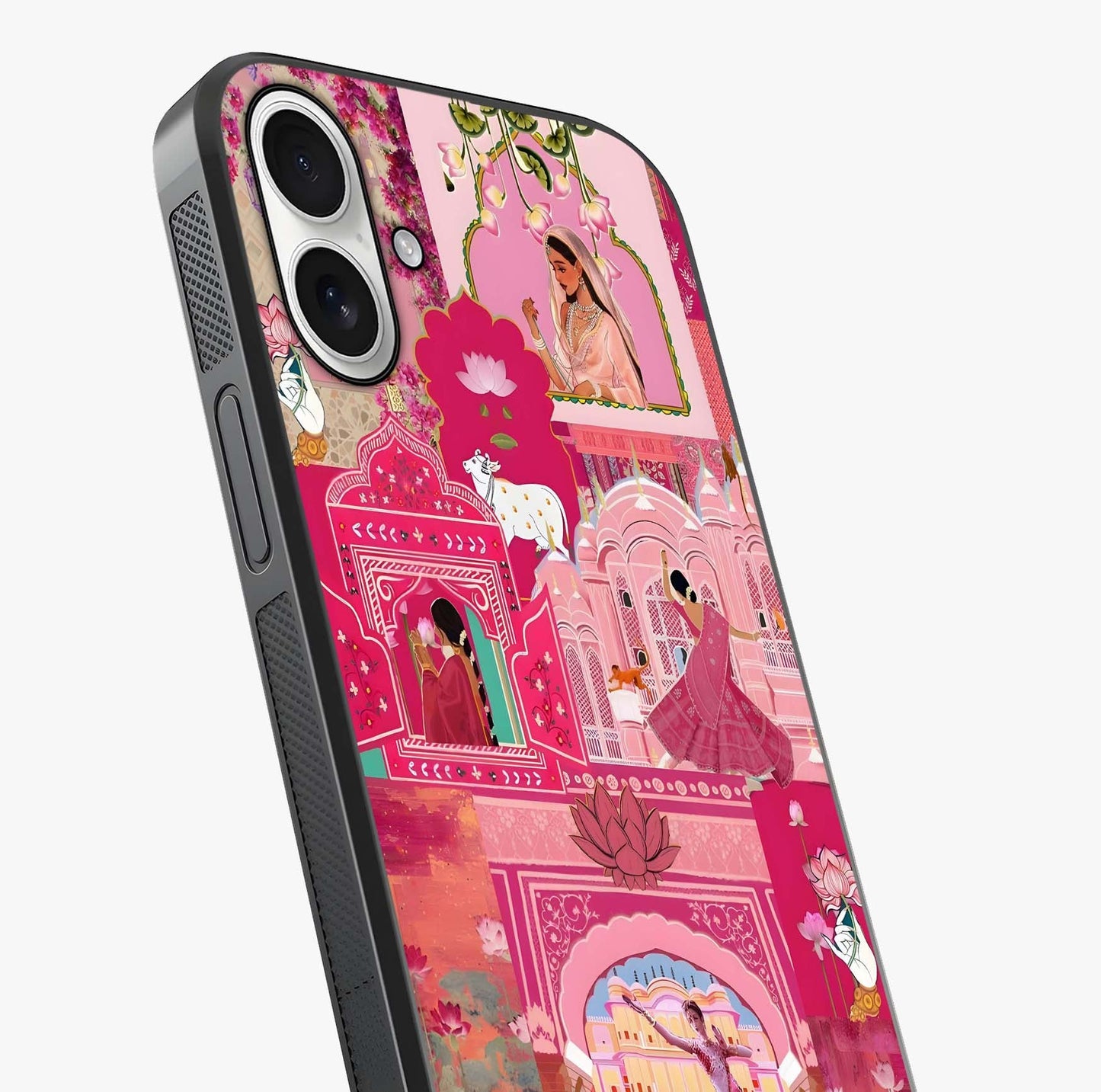 Blossoms Of Rajasthan Glass Case captured at a warm angle highlighting gloss, texture and premium glass finish.