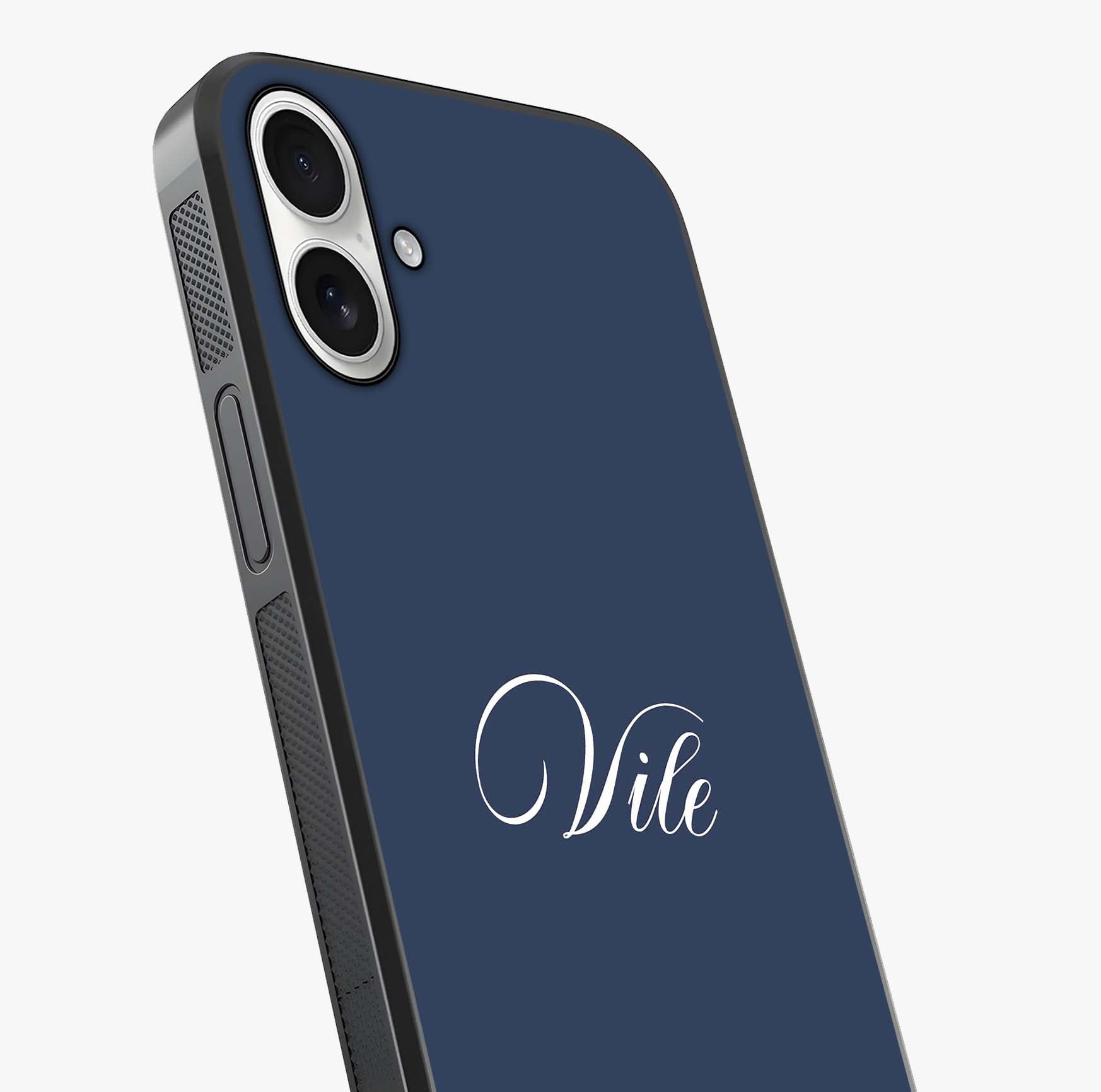 Blue Background Personalized Custom Name Glass Case captured at a warm angle highlighting gloss, texture and premium glass finish.