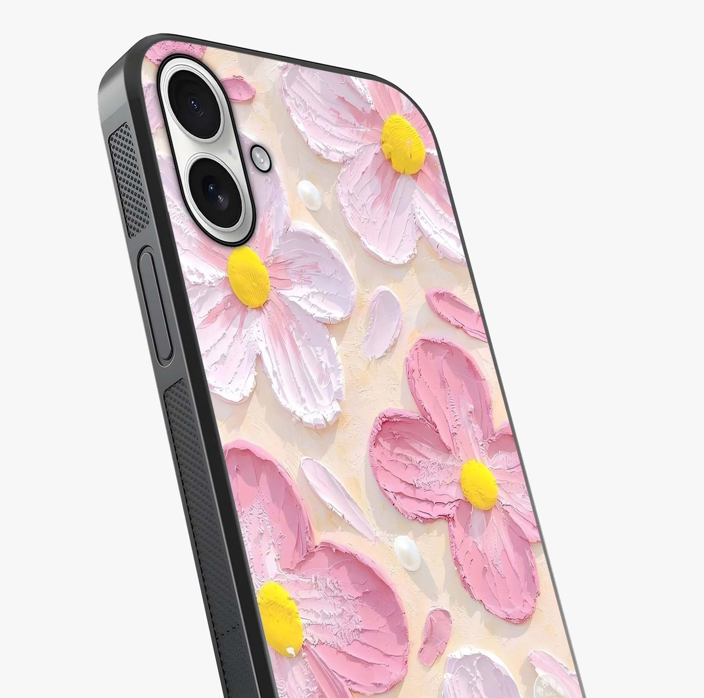 Blush Bloom Texture Glass Case captured at a warm angle highlighting gloss, texture and premium glass finish.