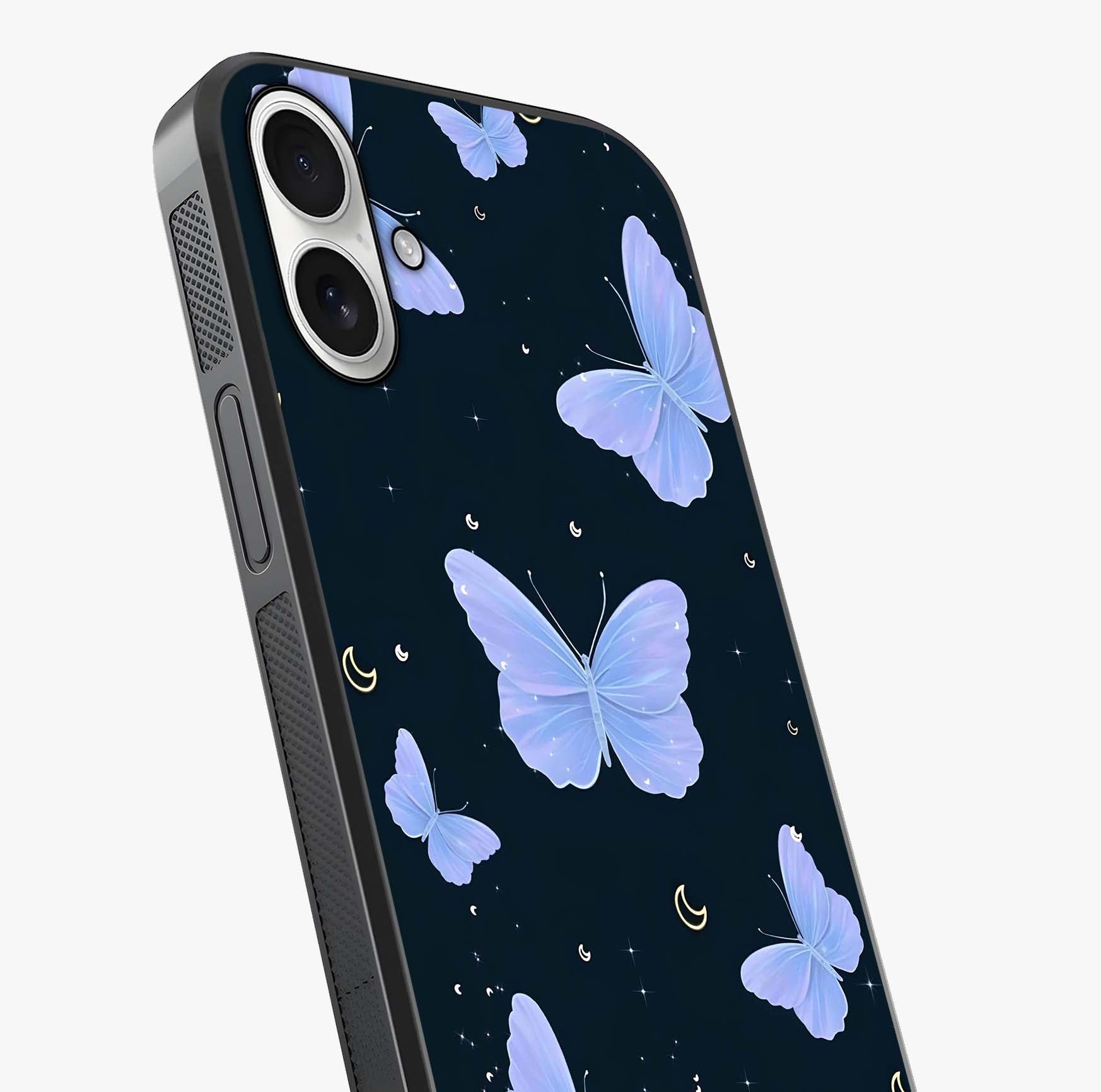 Butterfly With Stars Pattern Glass Case captured at a warm angle highlighting gloss, texture and premium glass finish.