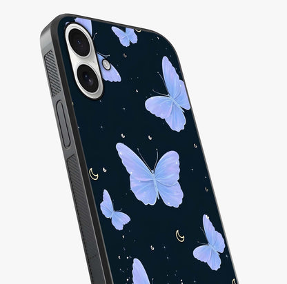 Butterfly With Stars Pattern Glass Case captured at a warm angle highlighting gloss, texture and premium glass finish.